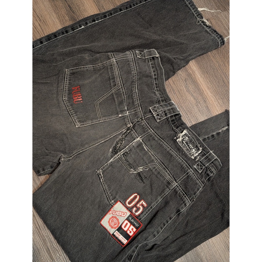VTG FUBU Baggy Wide Barrel‎ Leg Jeans Faded Black Embroidered Patches Mens 34x30